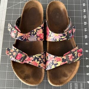 Birkenstock 40 Sydney Navy Floral Print Birko-Flor Sandals Soft Footbed Cottage